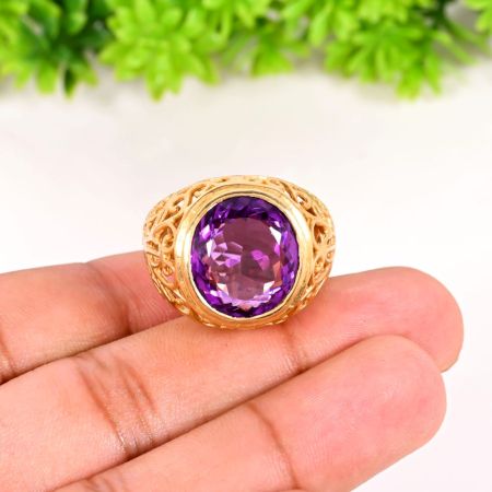 Designer Ring for Women in Solid 925 Sterling Silver with Amethyst Gemstone and 18k Vermeil Gold